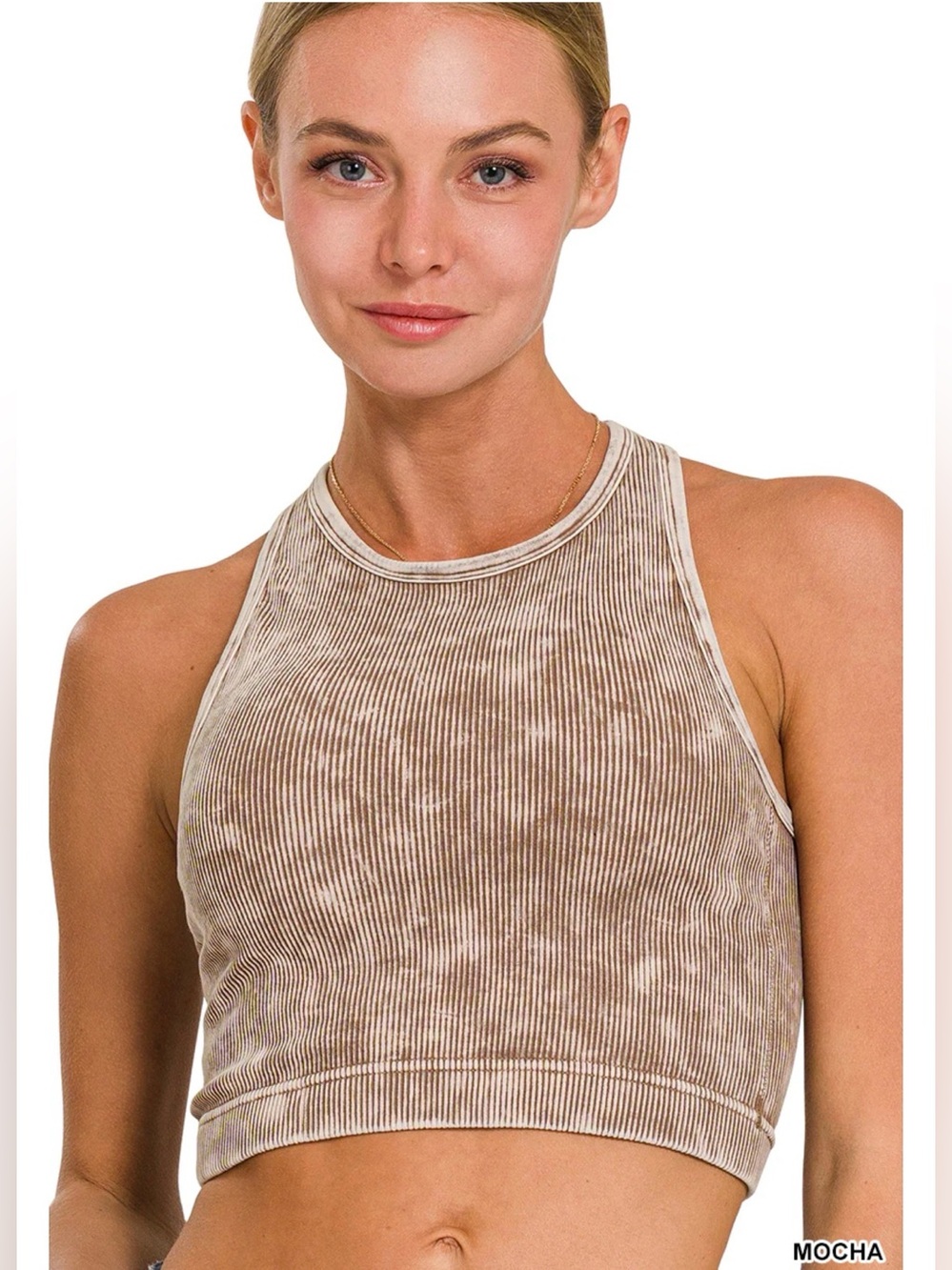 Zenana • Padded Ribbed Cropped Tank in Mocha • NWOT